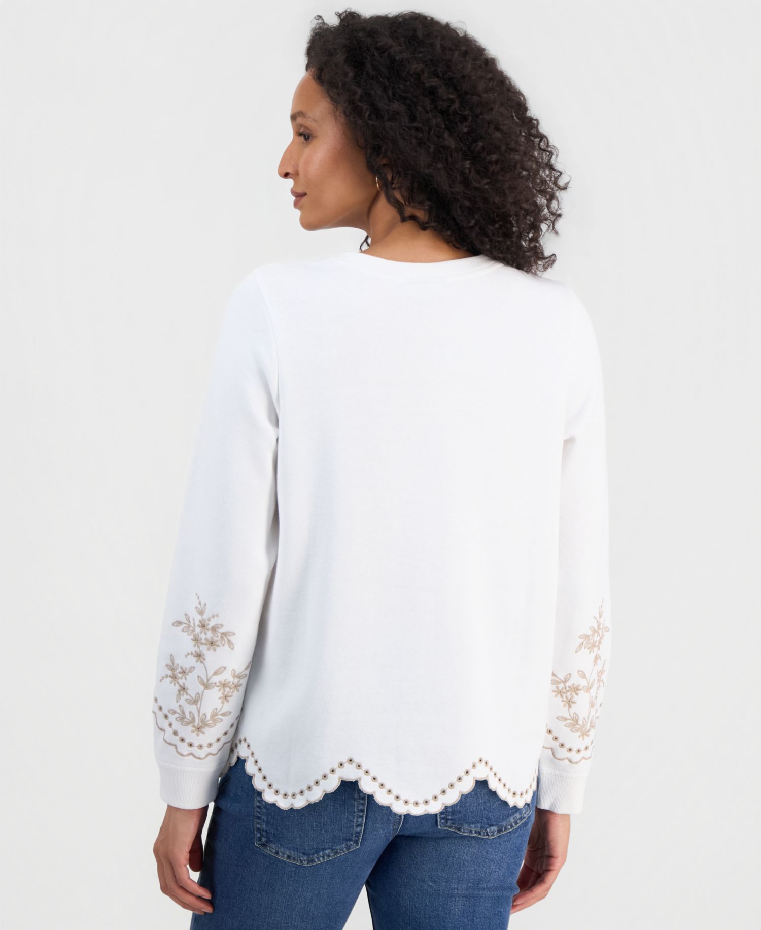 Petite Long-Sleeve Trim Eyelet Knit Crew Neck Top