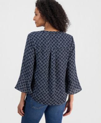 Women's Printed Pintuck Ruffle Sleeve Top