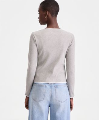 Women's Contrast-Trim Ribbed Cardigan Top