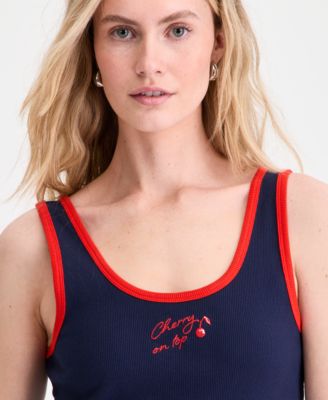 Women's Cherry Embroidered Double-Scoop Rib Tank