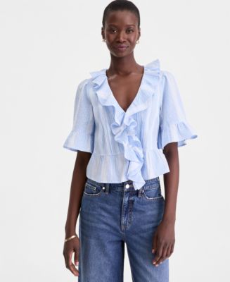 On 34th Women's Short Sleeve Ruffle-Front Cotton Blouse, Macy's