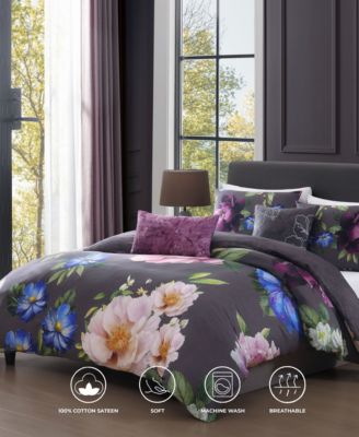 Elegant Blossoms 100% Cotton Sateen 5 Piece Reversible Comforter Set, Queen