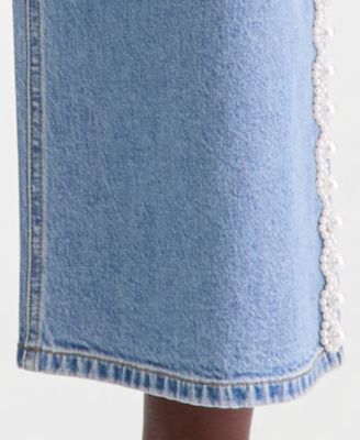 Women's High-Rise Cropped Faux-Pearl-Trim Jeans