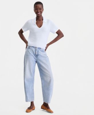 Women's Collared Short-Sleeve Crochet Sweater