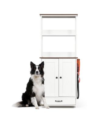 Pet Feeding Station with Pull-Out Bowls and Storage Shelves, Side Hooks, White
