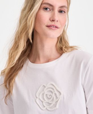 Women's Floral Beaded Relaxed Cotton T-Shirt