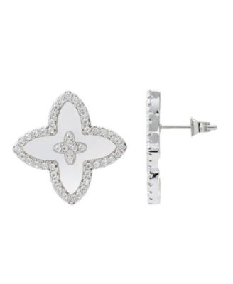 Silver CZ Mother of Pearl Statement Flower Stud Earrings