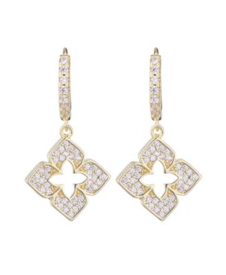 Gold CZ Pointed Clover Drop Huggie Hoop Earrings