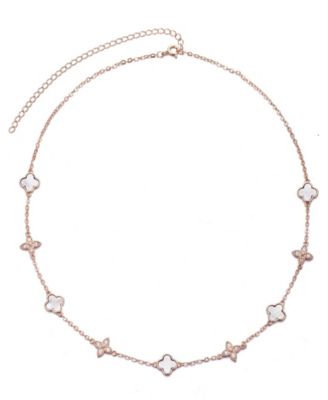 Rose Gold Mother of Pearl CZ Mixed Clover Station Necklace