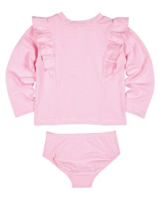 Toddler Girls Stripe Seersucker Rashguard Swimsuit with Flower