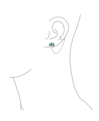 Green CZ Ear Cuff Chain Tree of Life Stud Earrings For Earlobe .925 Sterling Silver For Pierced Ear