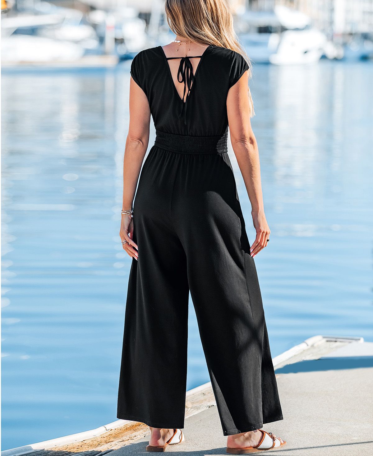 Cupshe Women's V-Neck Smocked Waist Wide-Leg Jumpsuit