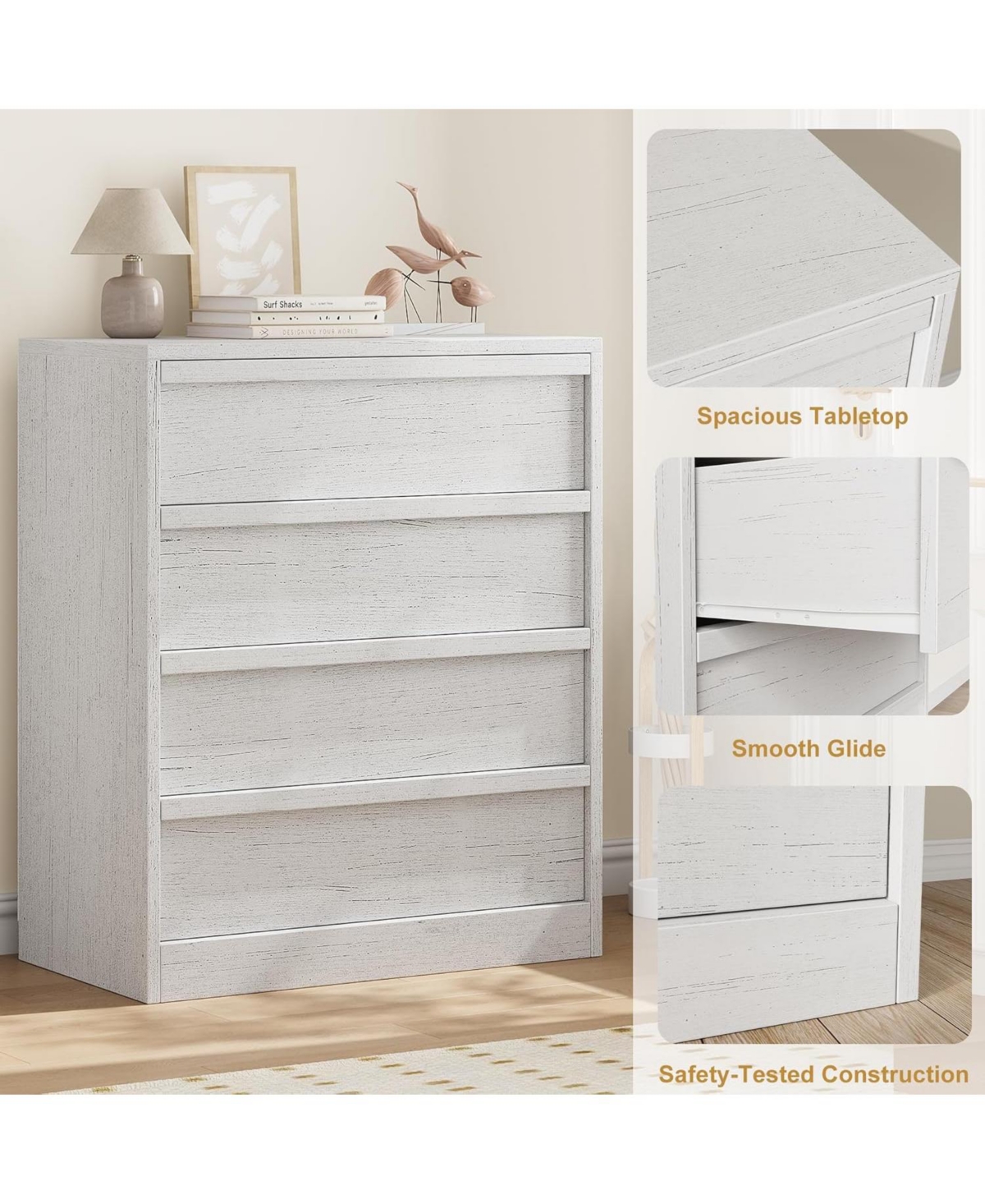 gaomon Drawer Dresser for Bedroom, Nightstand 4 Chest of Drawers with Large Storage, Small Modern Bedside End Table Living Room