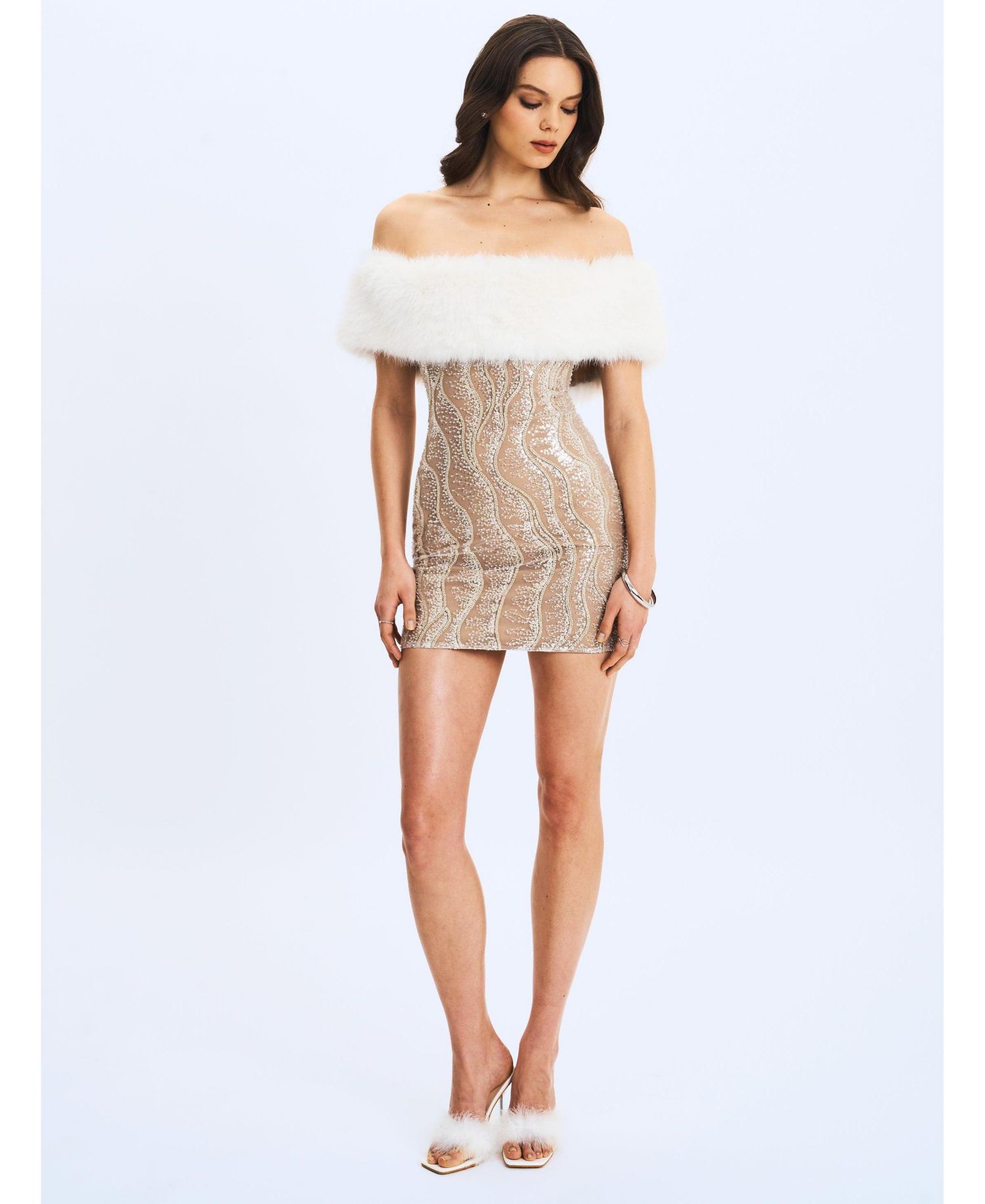 Women's Averie Faux Fur Off-Shoulder Sequin Mini Dress