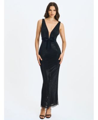 Women Olympia Black Belted Bow Plunging Rhinestone Maxi Dress
