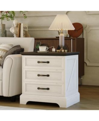 Modern Farmhouse Wood Nightstand with Charging Station & 3 Large Drawers