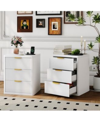 Fluted Nightstand Set of 2,Mid Century Bedside Table,Wooden End Table,Farmhouse Night Stand with 3 Drawer