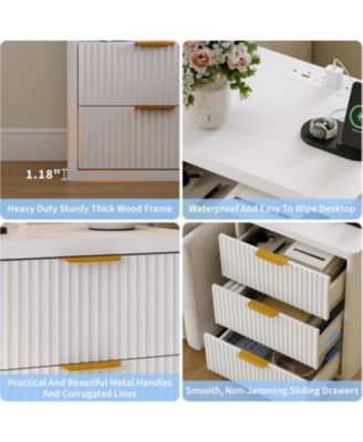 Fluted Nightstand with Charging Station, Bedside Table with 3 Drawers Storage Space