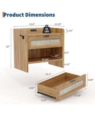 Rattan Nightstand, Bedside Table with Type-C Charging Station - 1 Storage Drawer & Open Storage Space