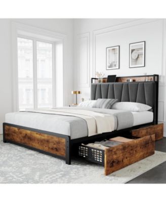 Queen Size Bed Frame with Storage Linen Upholstered Headboard, 4 Drawers Platform Bed Frame with Charging Station, No Box Spring