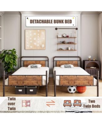 Bunk Bed Twin Over Twin with Ladder and High Guardrail, Twin Size Convertible Metal Bunk Beds, Easy Assembly, No Box Spring