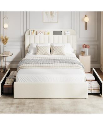 Queen Bed Frame with Storage Headboard, Girls Bed Frame with 2 Drawers, Boucle Upholstered Platform Bed with Bookcase