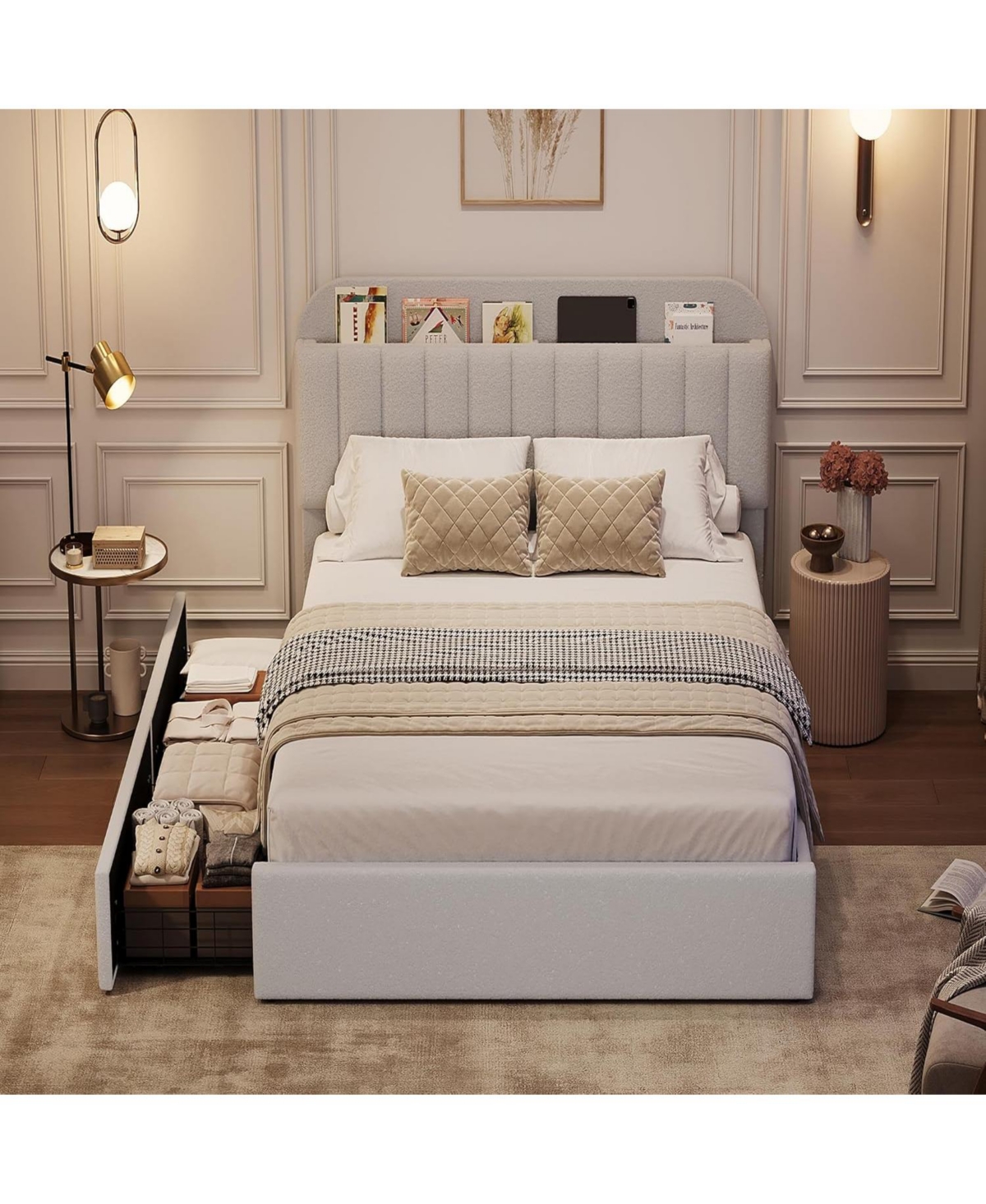 gaomon Twin Bed Frame with Storage Headboard, Kids 2 Drawers, Boucle Upholstered Platform Bookcase, No Box Spring Needed, Easy