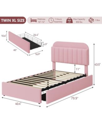 Twin XL Bed Frame with Storage Headboard, Girls Bed Frame with 2 Drawers, Boucle Upholstered Platform Bed with Bookcase