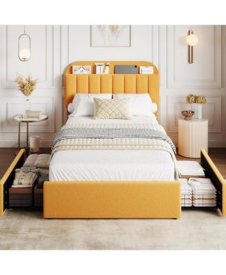 Twin Bed Frame with Storage Headboard, Kids Bed Frame with 2 Drawers, Boucle Upholstered Platform Bed with Bookcase, No Box Spring Needed, Easy
