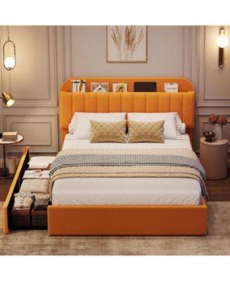 Bed Frame Upholstered Storage Bed with Headboard & 2 Storage Drawers, Metal Support Platform Bed Frame, Easy Assembly, No Box Spring