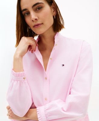 Women's Cropped Ruffled Oxford Collared Shirt