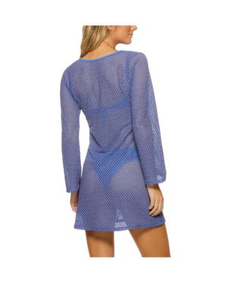 Women's Honeycomb Lattice Long Sleeve Button Down Tunic Cover-up