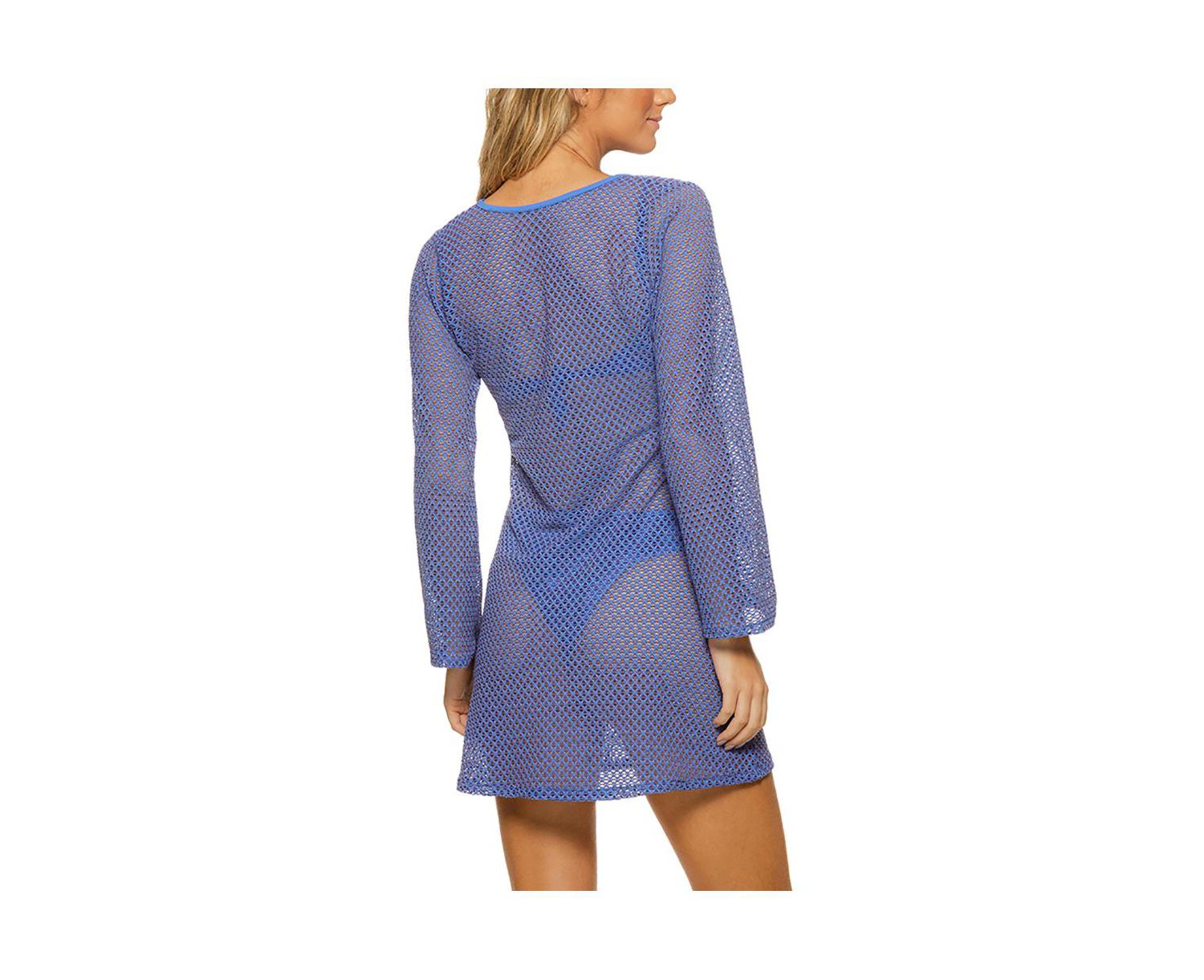 Women's Honeycomb Lattice Long Sleeve Button Down Tunic Cover-up