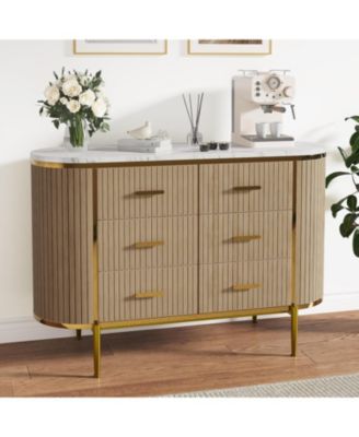 Fluted 6 Drawer Dresser for Bedroom, 59in Large Mid Century Modern Wooden Chest Dresser TV Stand