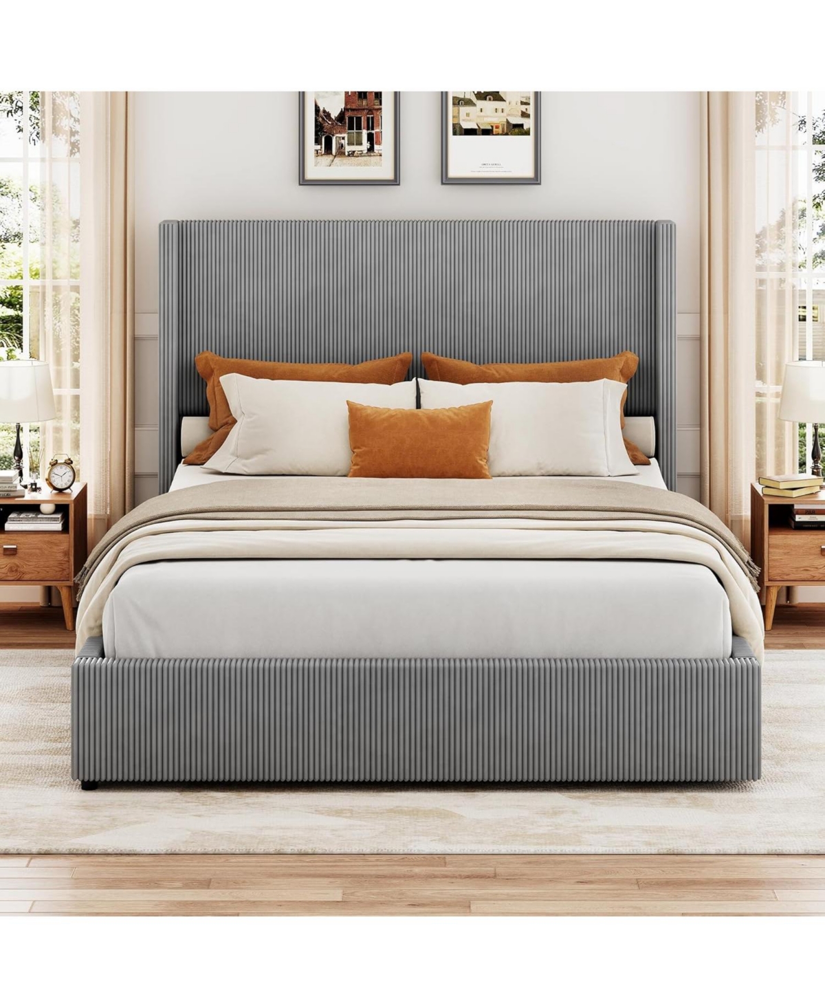 Gaomon Floating Bed Frame with Led Lights, Velvet Upholstered Platform, Storage Headboard, No Box Spring Needed