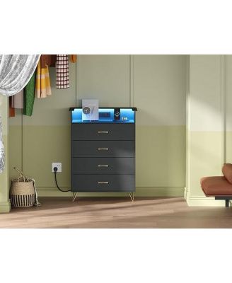 4-Drawer Dresser for Bedroom with Charging Station & RGB Lights, Tall Modern Wooden Chest of Drawers with App Control, Large Storage Cabinet