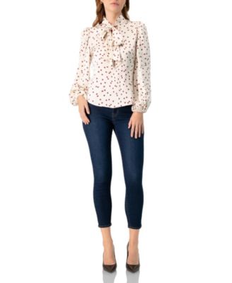 Women's Long Sleeve Polka Dot Blouse with Neck Tie