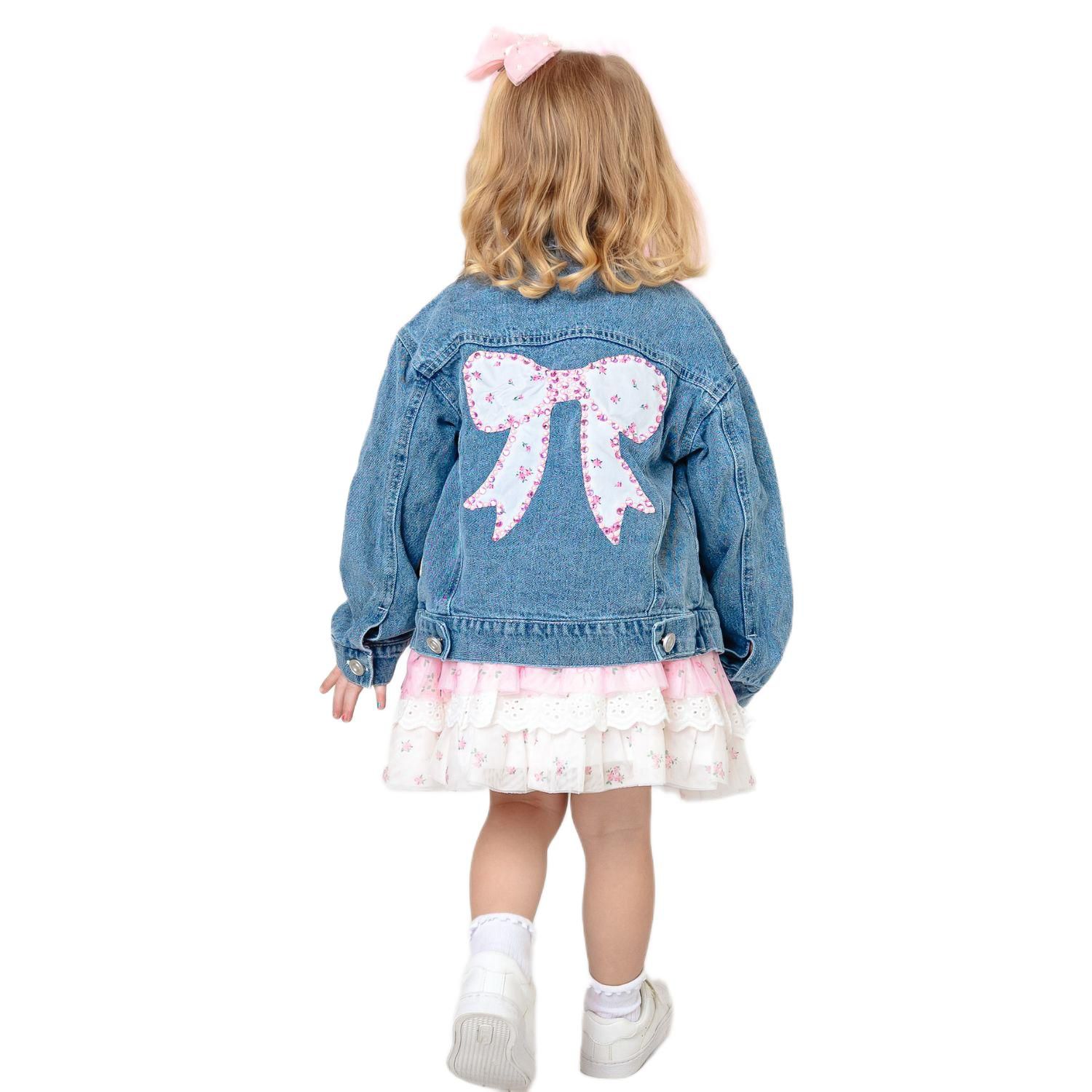 Little Girls Pearl and Gemstone Floral Bow Patch Denim Jacket