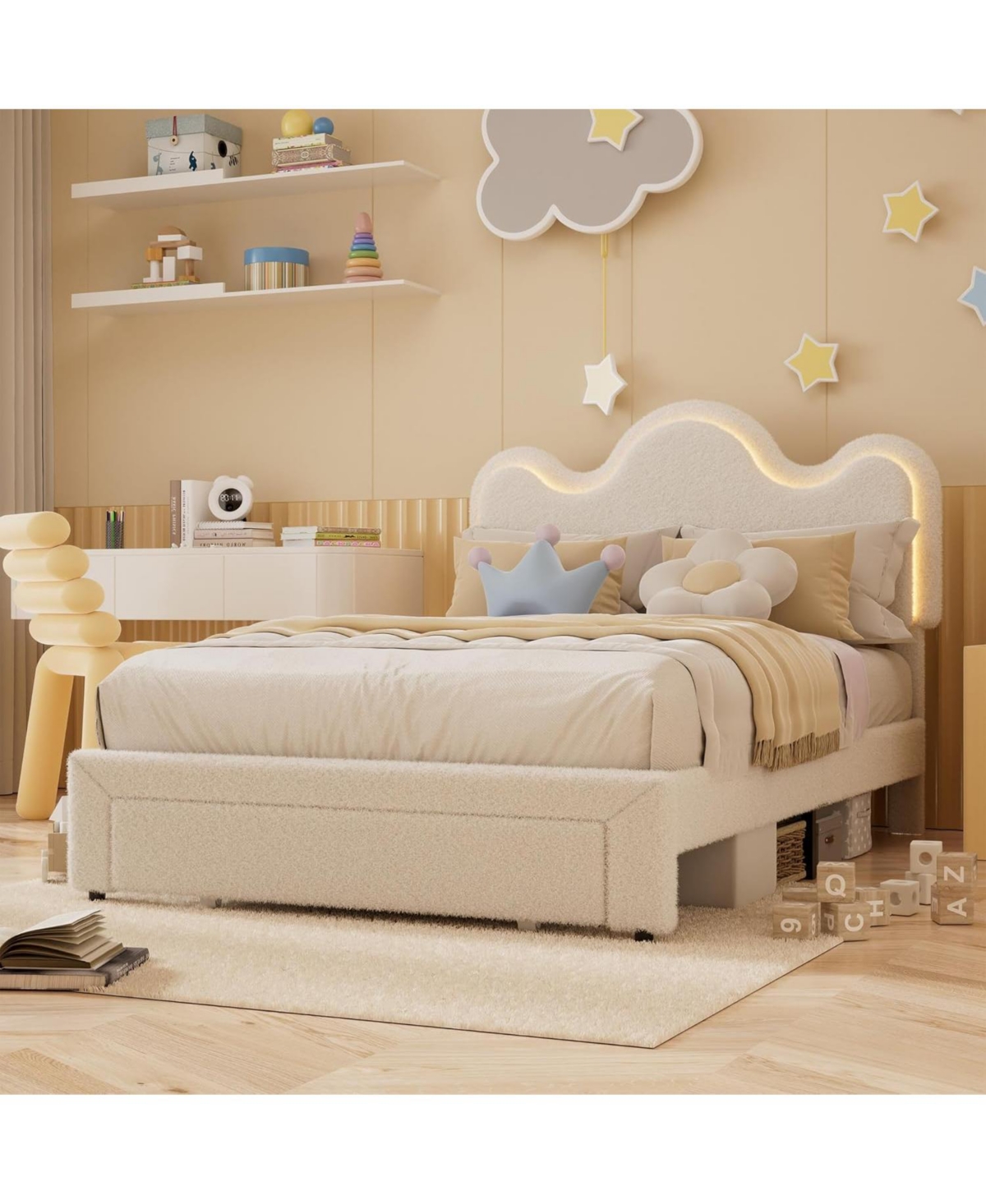 gaomon Full Bed Frame with Adjustable Headboard and Storage Drawer, Boucle Upholstered Platform Bed with Led Light.