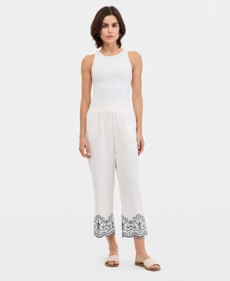 Women's Embroidered Cropped Linen-Blend Pull-On Pants