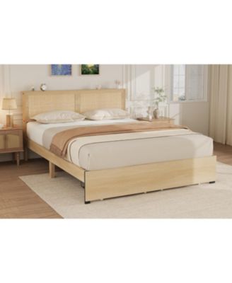 Natural Rattan Bed Frame with Wood Headboard, 2 Storage Drawers, RGB Led Lights, Easy Assemble Boho Platform Bed with Strong
