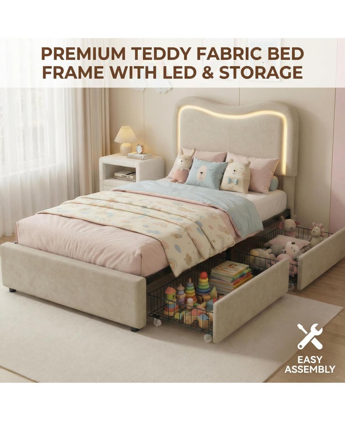 gaomon Boucle Bed Frame with Led Headboard and Storage Drawers