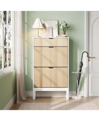 Slim farmhouse shoe storage cabinet with 2 flip drawers, fluted design, metal legs, and freestanding narrow shoe rack for entryway.