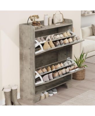 Narrow freestanding shoe cabinet with 2 flip drawers, hidden slim storage, and hooks, ideal for entryway or foyer.
