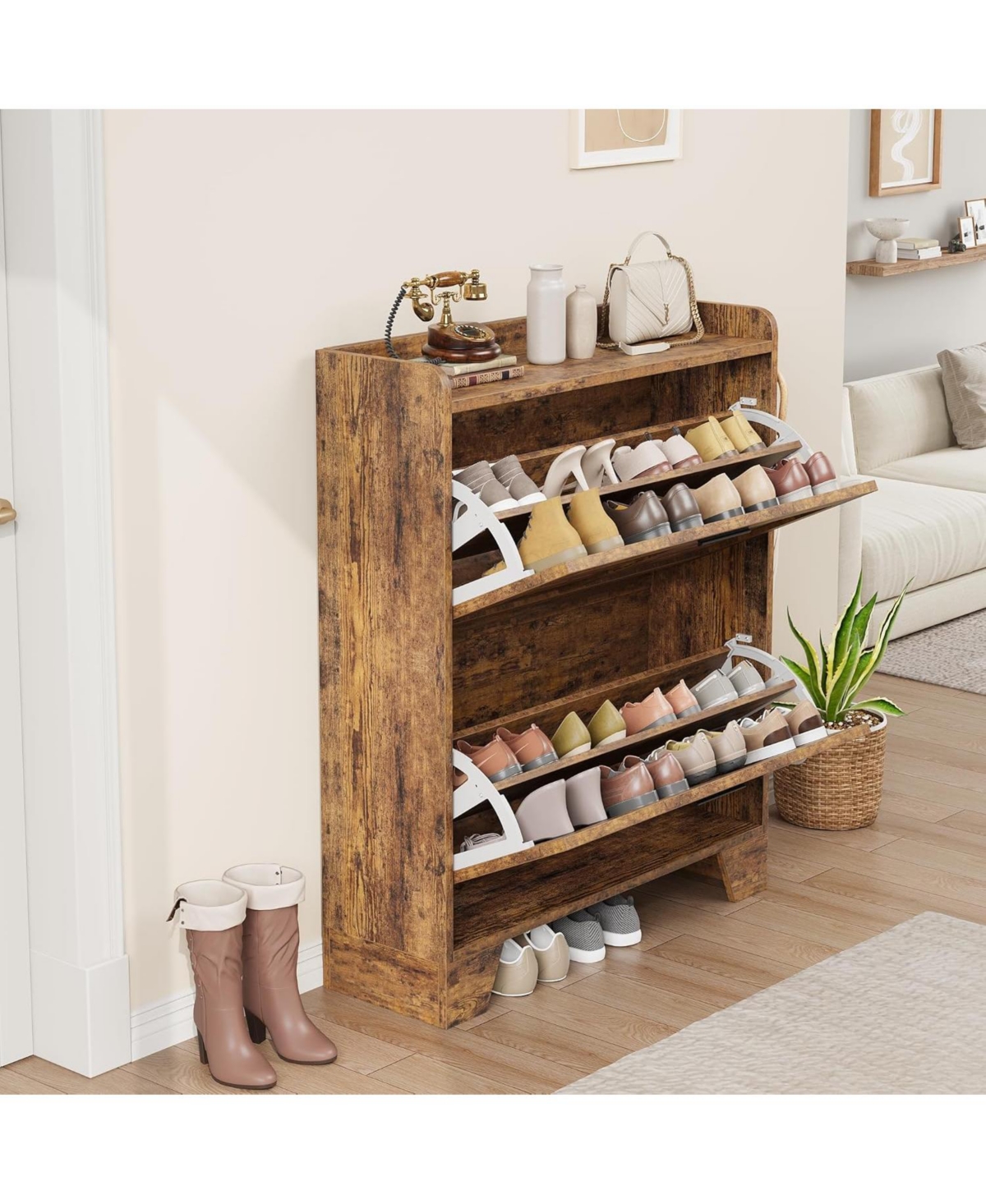 gaomon Narrow freestanding shoe cabinet with 2 flip drawers, hidden slim storage, and hooks, ideal for entryway or foyer.