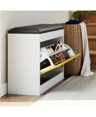 Shoe Storage Bench, 31.5 in Shoe Organizer Bench with Flip Drawer & PU Cushion, Modern Entryway Shoe Cabinet for Hallway