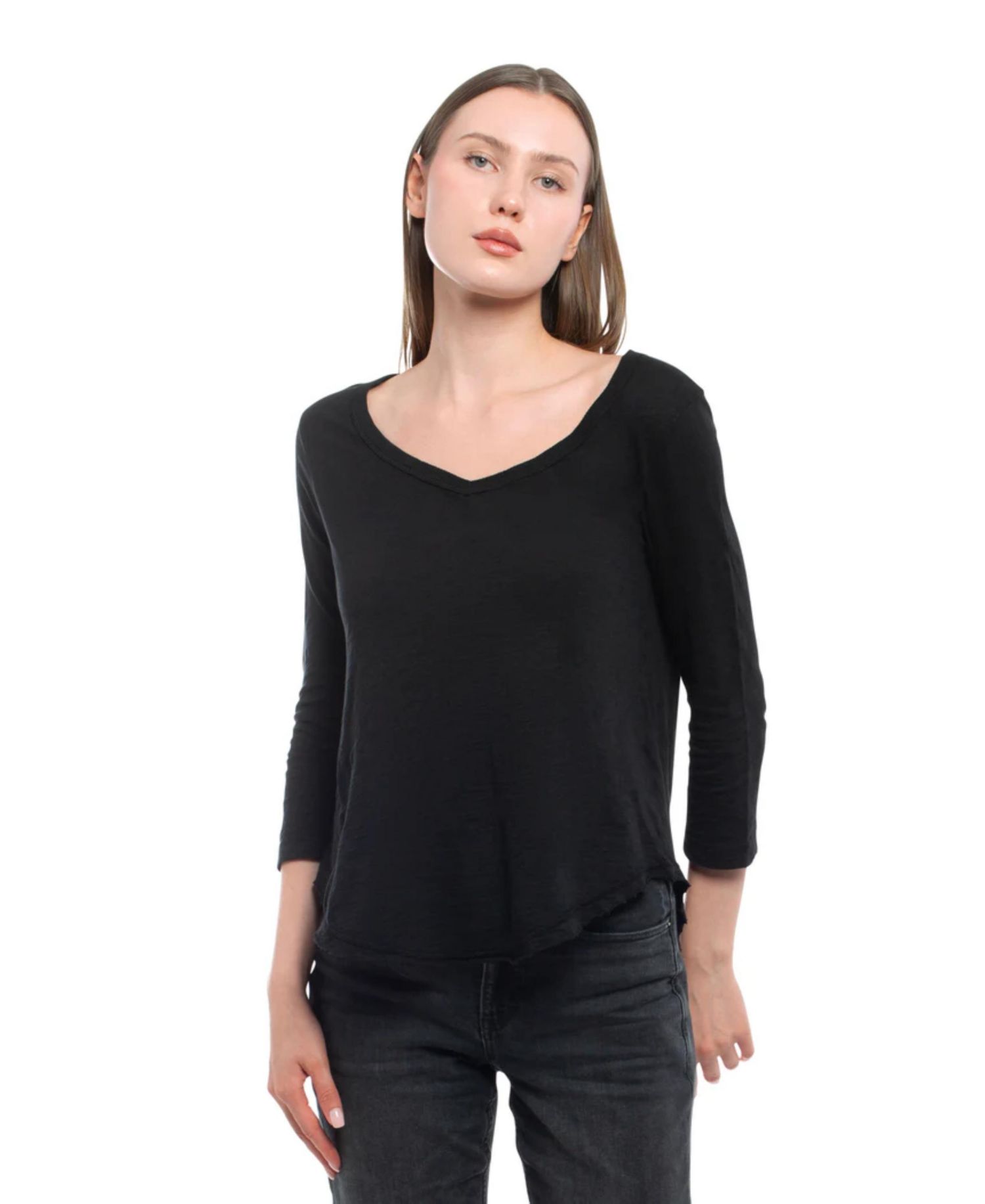 Women's Clothing 3/4 Sleeve V-Neck Shirttail Tee