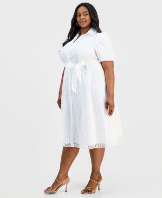 Plus Size Clip Dot Puff-Sleeve Midi Shirtdress