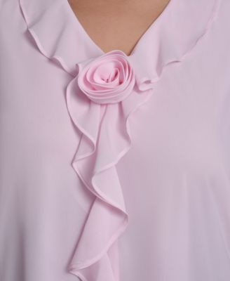 Plus Size Rosette V-Neck Ruffle Blouse Top