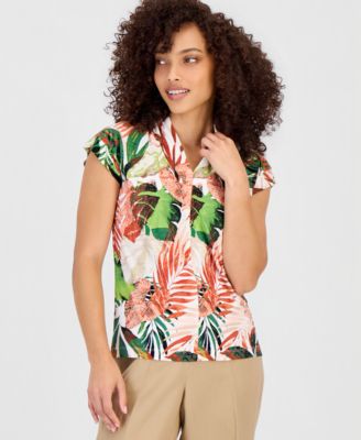 Petite Printed Cap-Sleeve V-Neck Top